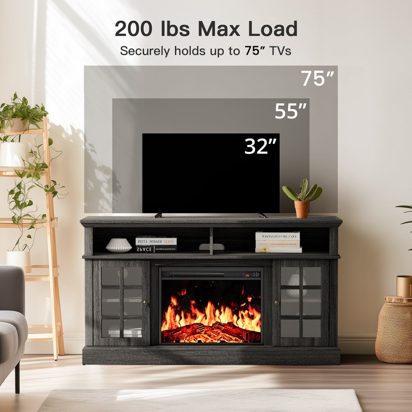 Electric Fireplace TV Stand for 75″ TVs Fireplace Entertainment Center TV Console Table with 23″ Fireplace, Holds up to 200 lbs