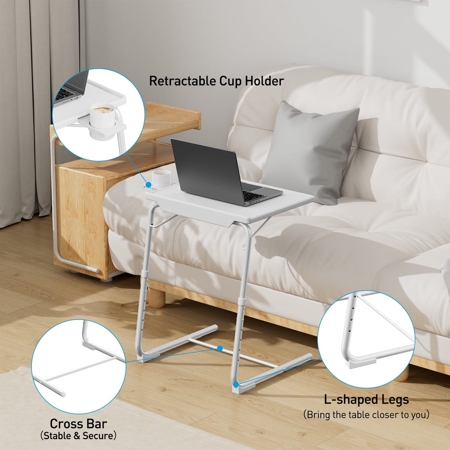 CHITOOMA TV Tray with Cup Holders, Portable C-Shaped Side Dinner Tray Table, Adjustable 6 Heights & 3 Tilt Angle for Living Room, Bedroom, White