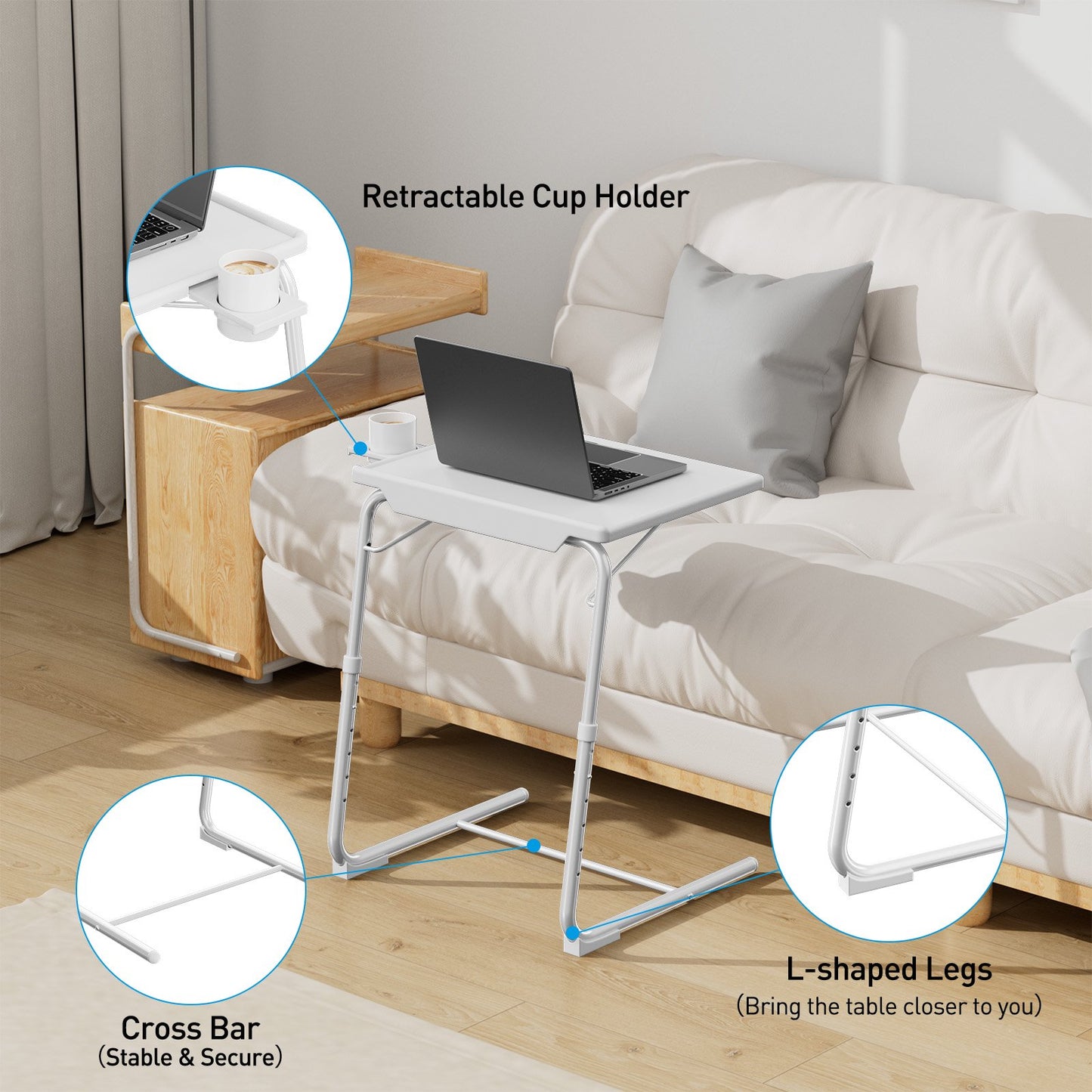 CHITOOMA TV Tray with Cup Holders, Portable C-Shaped Side Dinner Tray Table, Adjustable 6 Heights & 3 Tilt Angle for Living Room, Bedroom, White