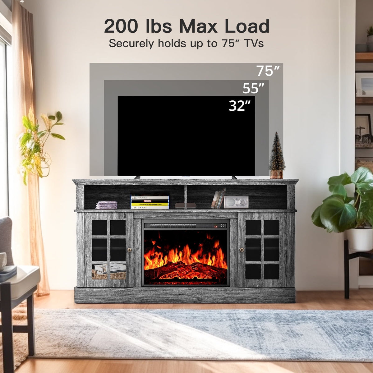 Electric Fireplace TV Stand for 75″ TVs Fireplace Entertainment Center TV Console Table with 23″ Fireplace, Holds up to 200 lbs