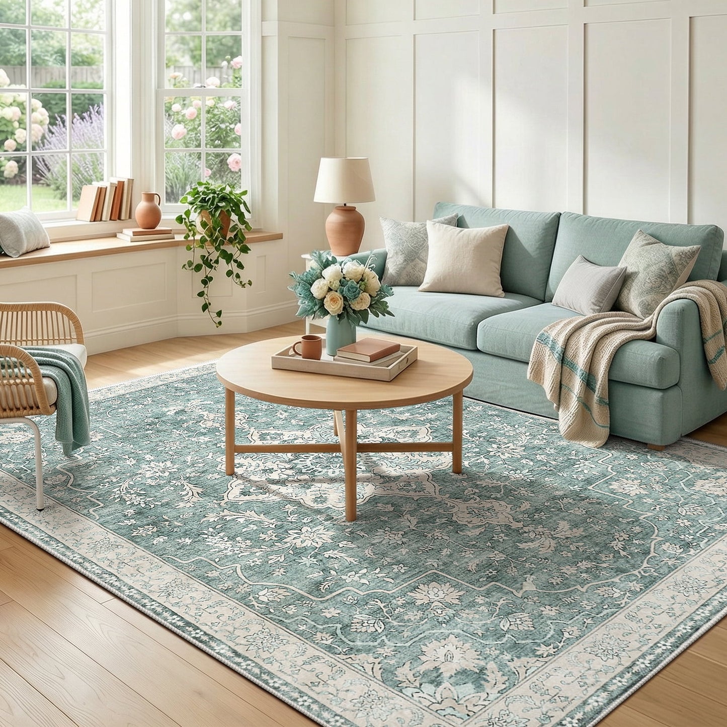 CHITOOMA 5'x7' Boho Area Rugs for Living Room, Machine Washable Stain Resistant Non-Shed Carpet, Floral Area Rug with Non-Slip Backing for Bedroom, Dining Room, Dorm, Office