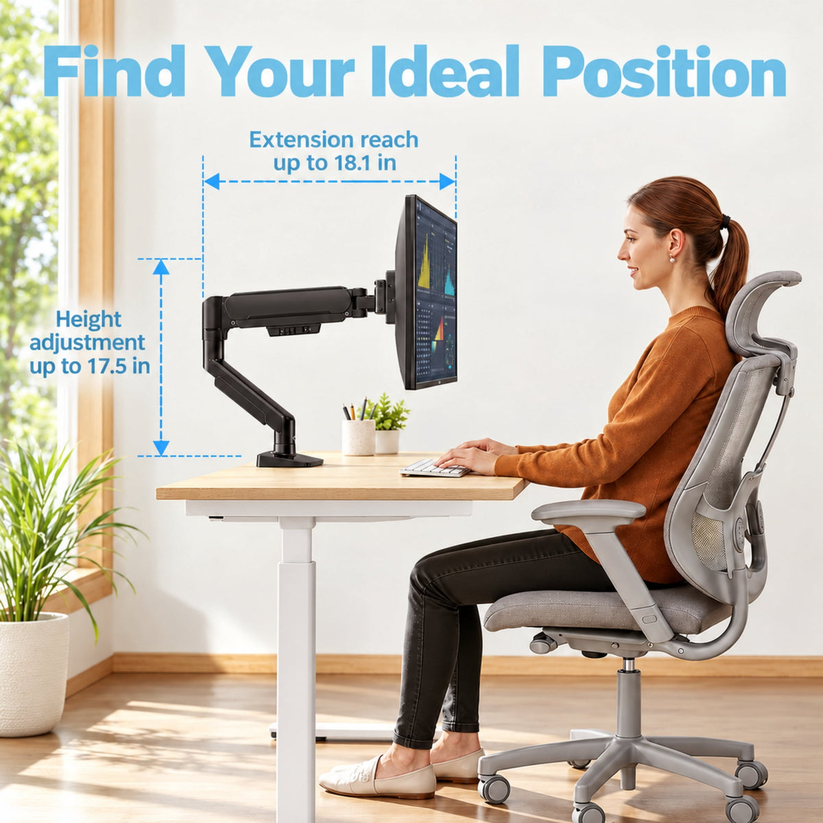 Kyspho Single Monitor Arm for 13" to 34 " Screens, Holds 19.8 lbs, Max 100x100mm, Monitor Stand with C-Clamp Tool-Free Mount, Cable Management, Adjustability for Swivel,Tilt and Rotation