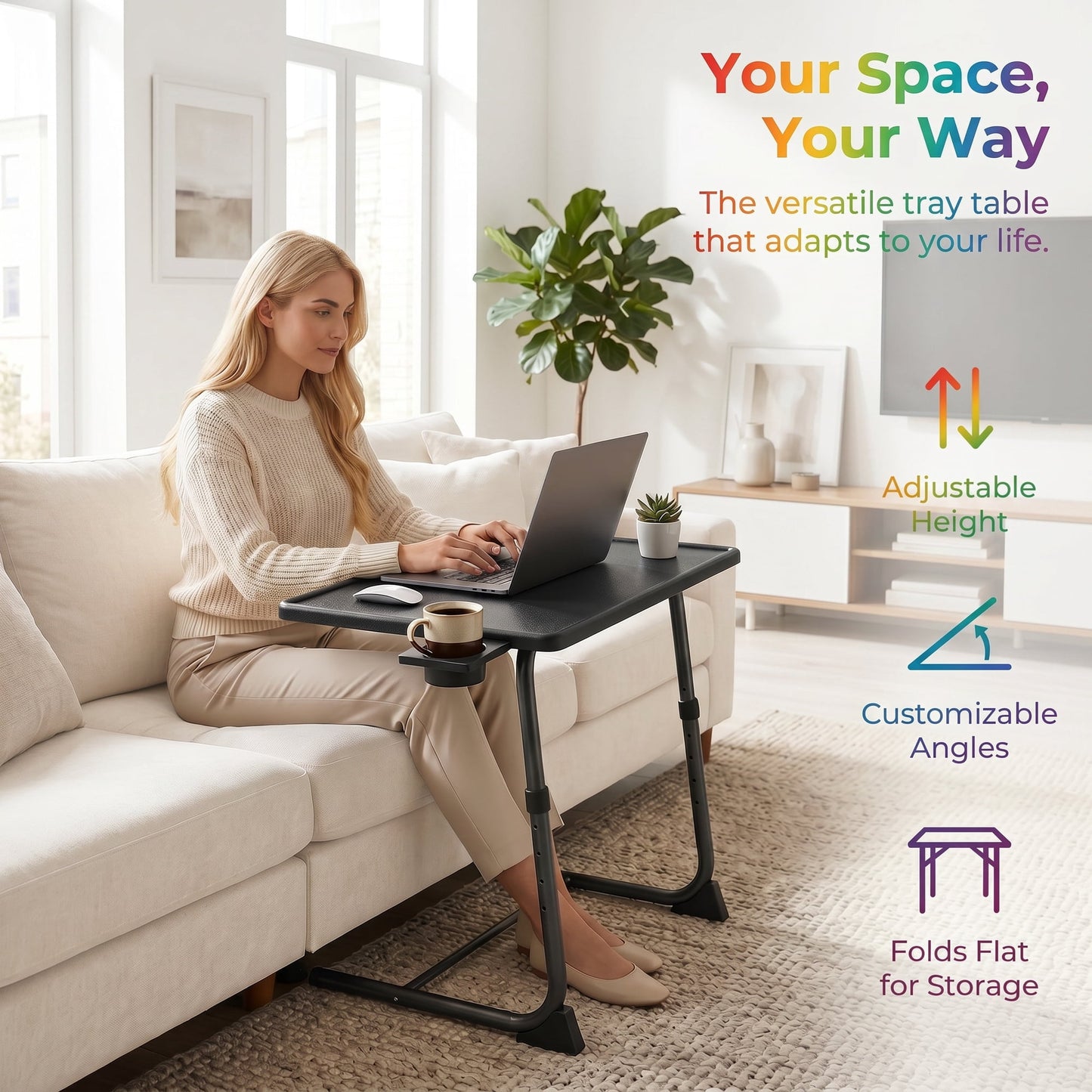 PERLESMITH Adjustable Height TV Tray, Folding Table Trays with Cup Holder, 6 Height & 3 Tilt Angle for Couch, Sofa and Bed, Black