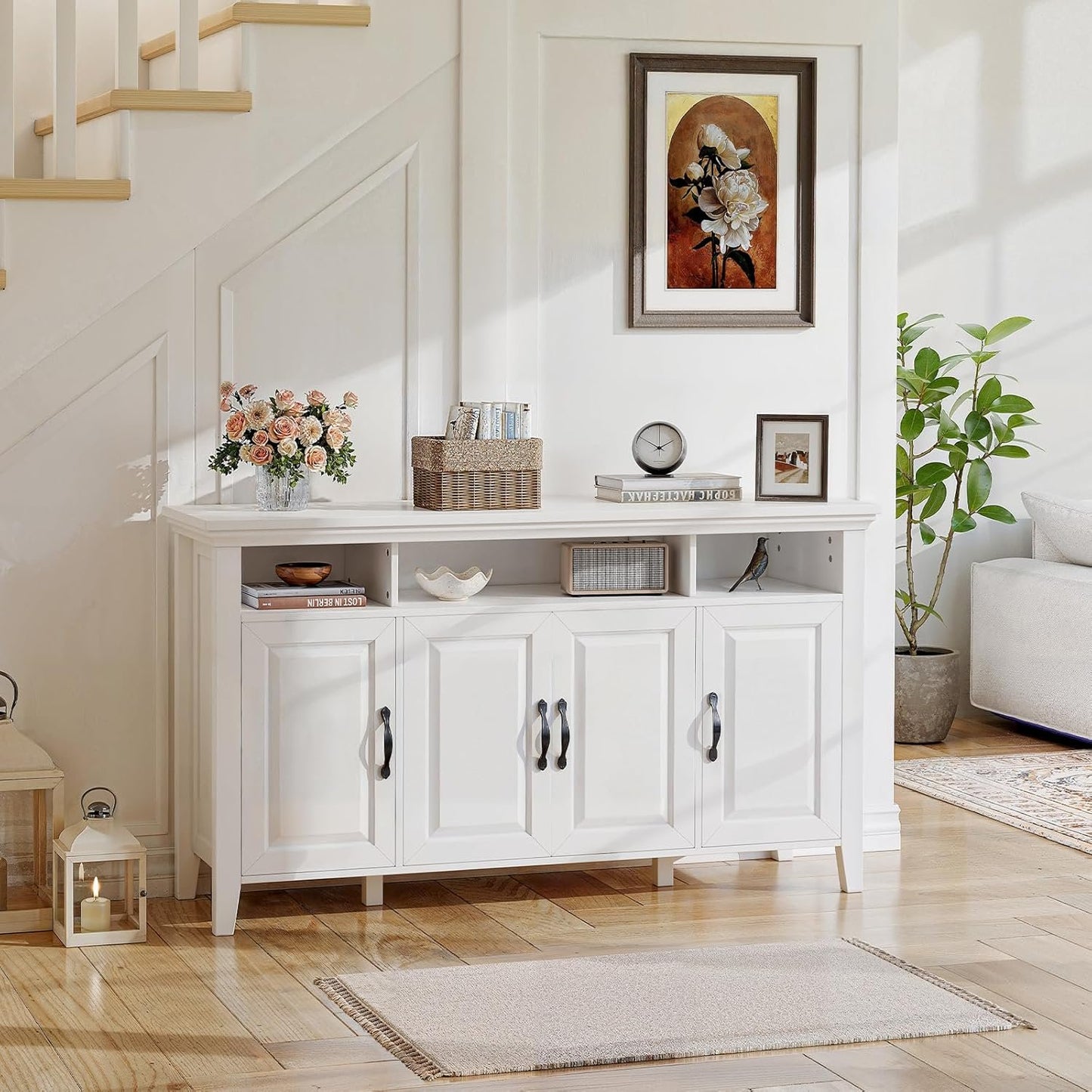 CHITOOMA 55" Sideboard Buffet Cabinet with Adjustable Shelves & 4 Doors, Modern Farmhouse Coffee Bar Cabinet for Kitchen Dinning Room, White