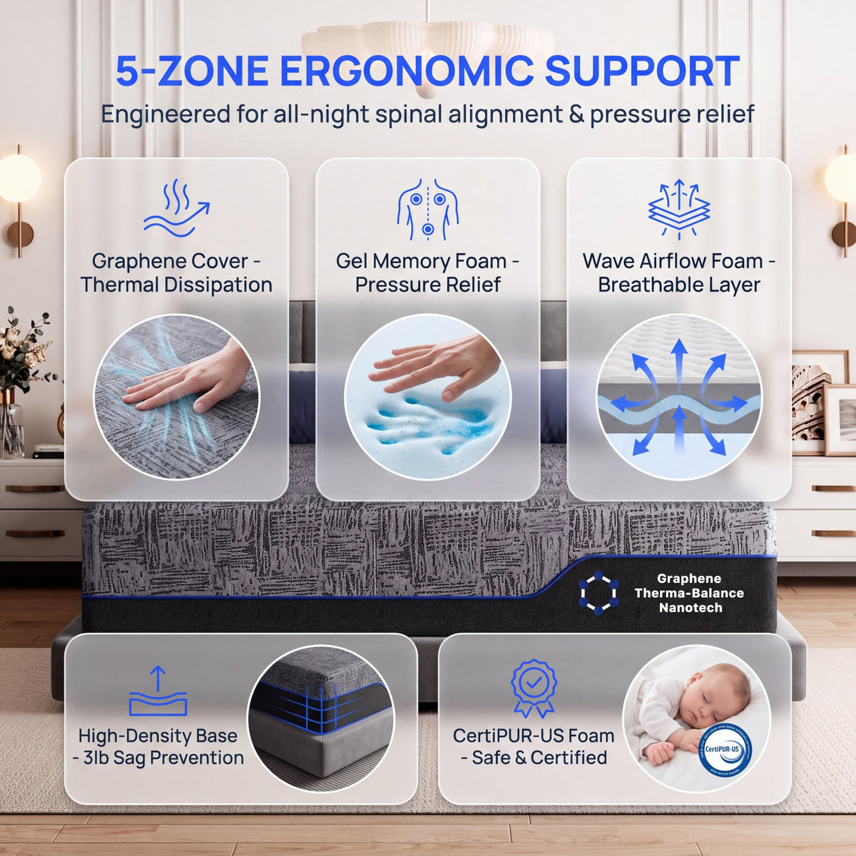 CHITOOMA 12" Queen Memory Foam Mattress,Gel-Infused Triple Layer Mattress with Graphene Cooling Cover,Medium Firm Bed Mattress for Pressure Relief & Motion Isolation,Dark Gray