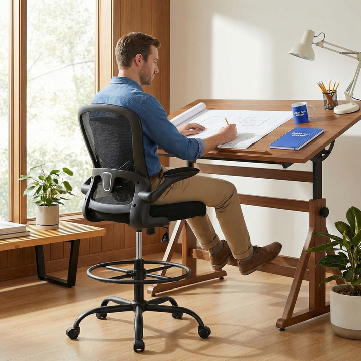 BESTERGO Tall Drafting Chair with Flip-Up Armrests, Adjustable Foot Ring, Ergonomic High Office Chair with Lumbar Support, Height-Adjustable Standing Desk Chair