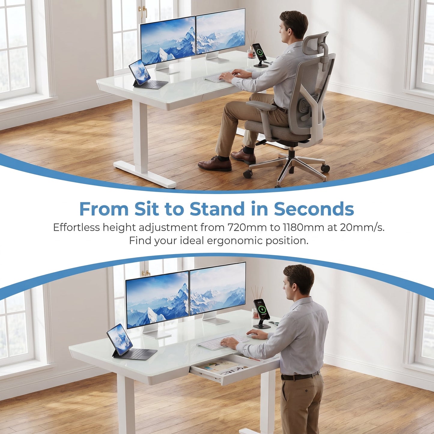 CHITOOMA Glass Top 40" x 24" Electric Standing Desk with Drawer, Height Adjustable Sit Stand Desk for Home Office, White