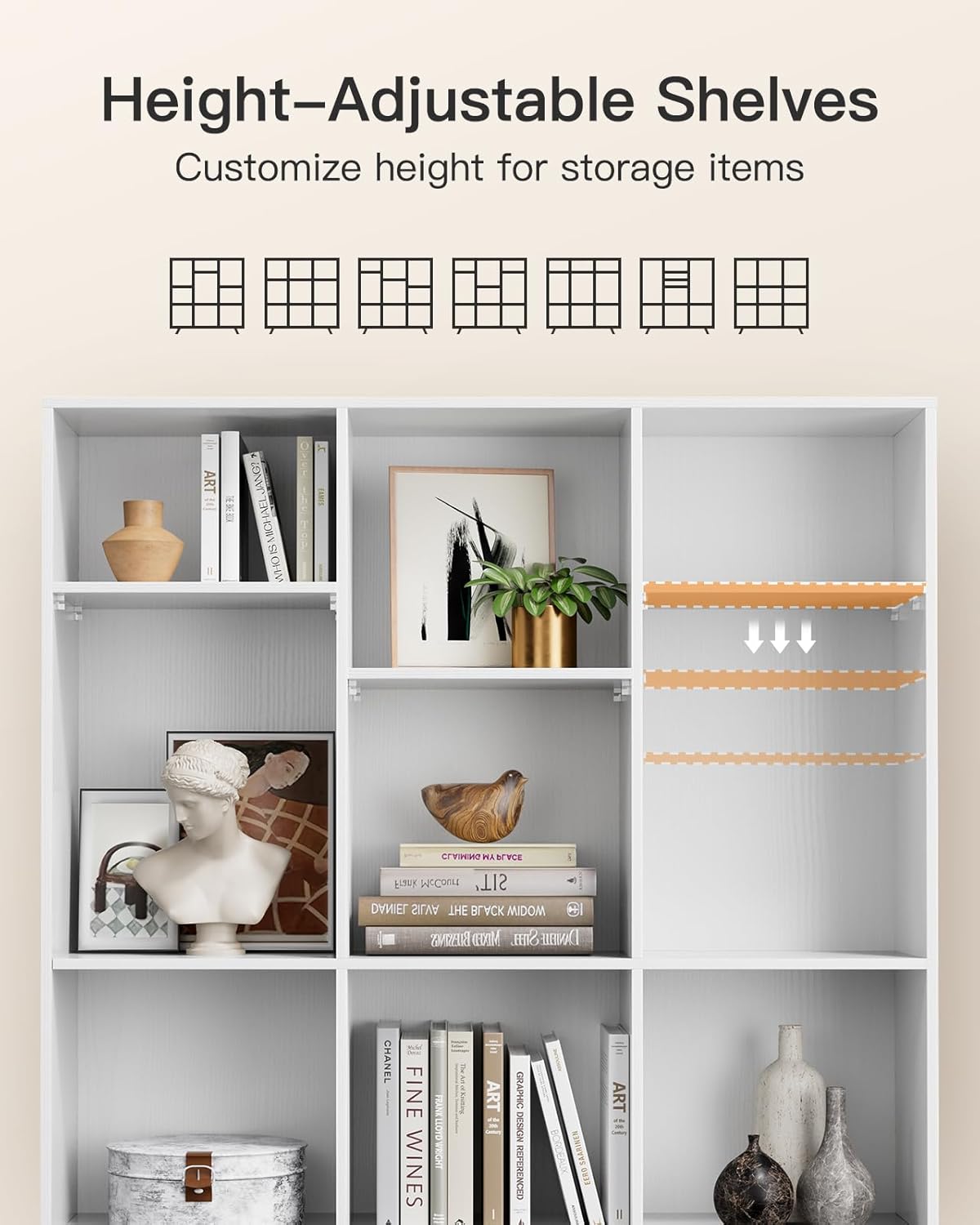 CHITOOMA Wood Bookcase with 3 Adjustable Shelves, 3-Tier 9-Cube Storage Organizer Bookshelf with Solid Legs for Home Office or Living Room, White