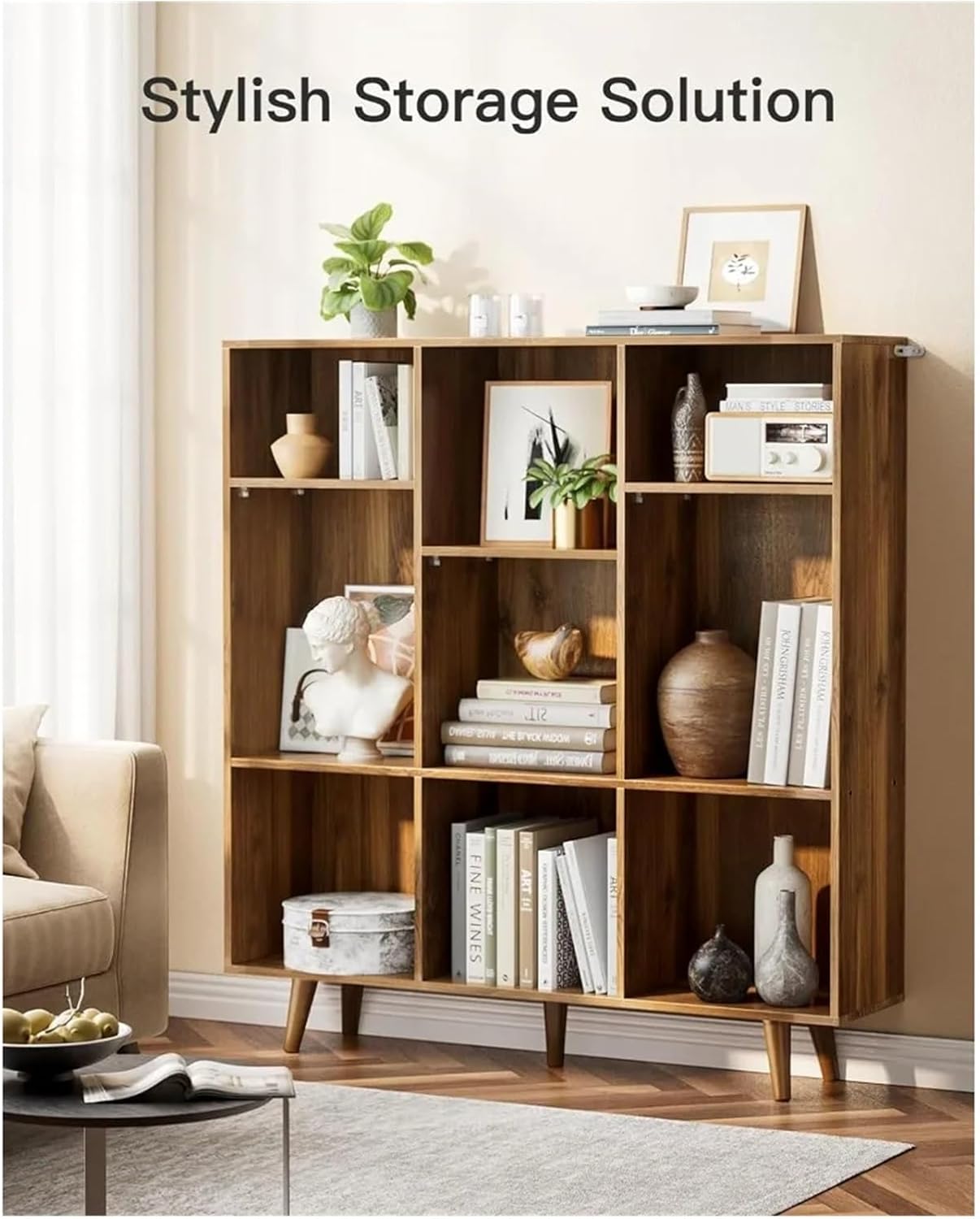 CHITOOMA Wood Bookcase with 3 Adjustable Shelves, 3-Tier 9-Cube Storage Organizer Bookshelf with Solid Legs for Home Office or Living Room, Brown