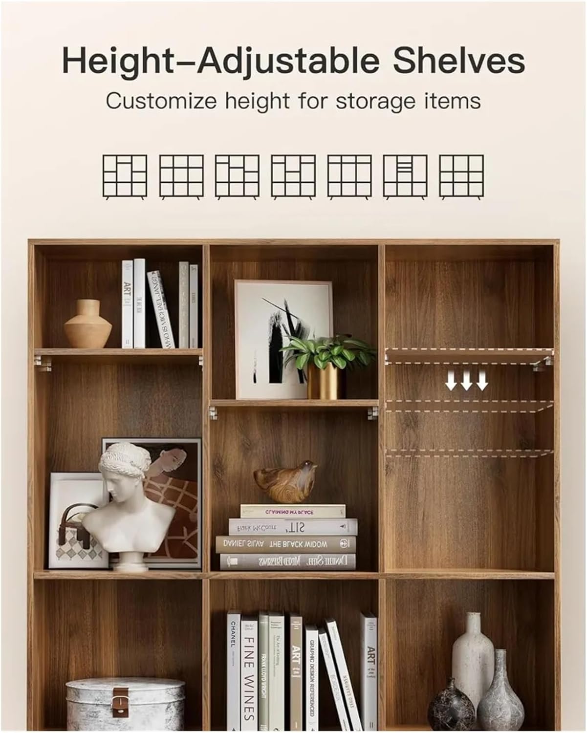 CHITOOMA Wood Bookcase with 3 Adjustable Shelves, 3-Tier 9-Cube Storage Organizer Bookshelf with Solid Legs for Home Office or Living Room, Brown