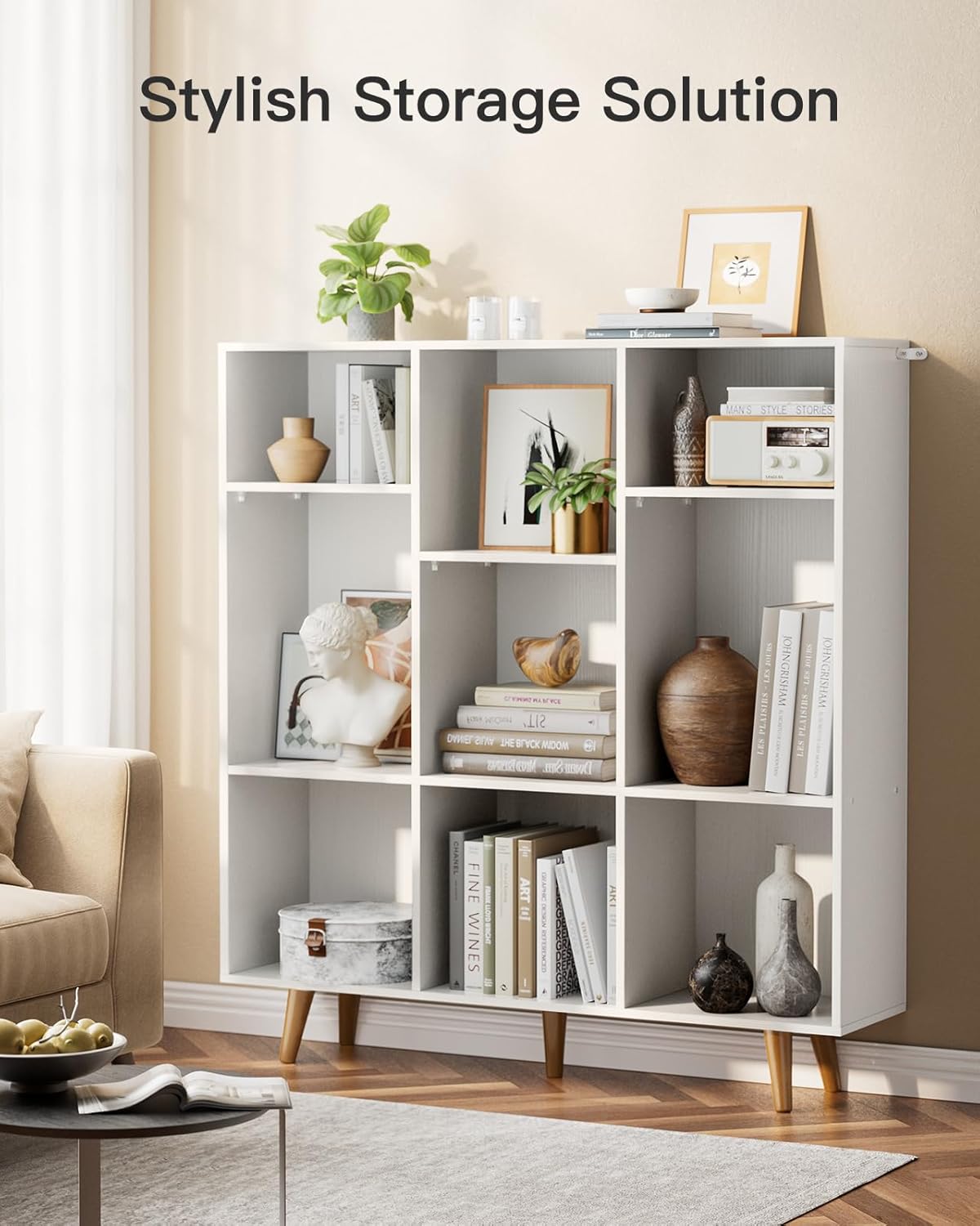 CHITOOMA Wood Bookcase with 3 Adjustable Shelves, 3-Tier 9-Cube Storage Organizer Bookshelf with Solid Legs for Home Office or Living Room, White