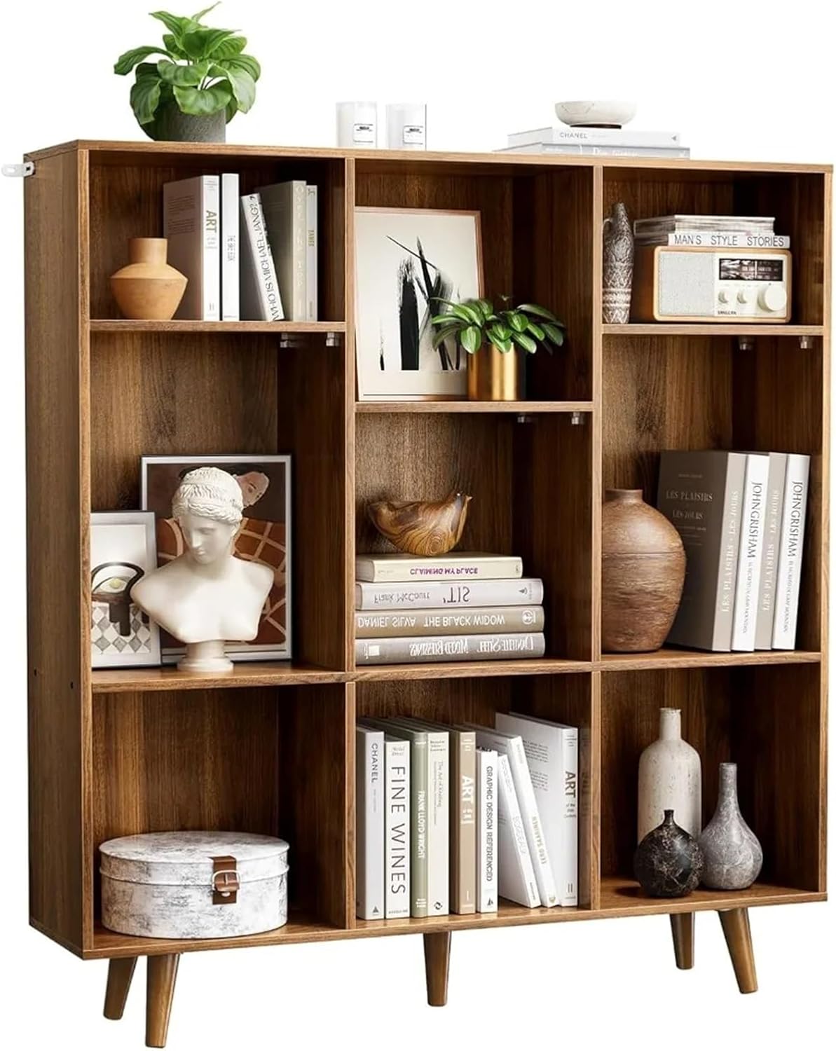 CHITOOMA Wood Bookcase with 3 Adjustable Shelves, 3-Tier 9-Cube Storage Organizer Bookshelf with Solid Legs for Home Office or Living Room, Brown