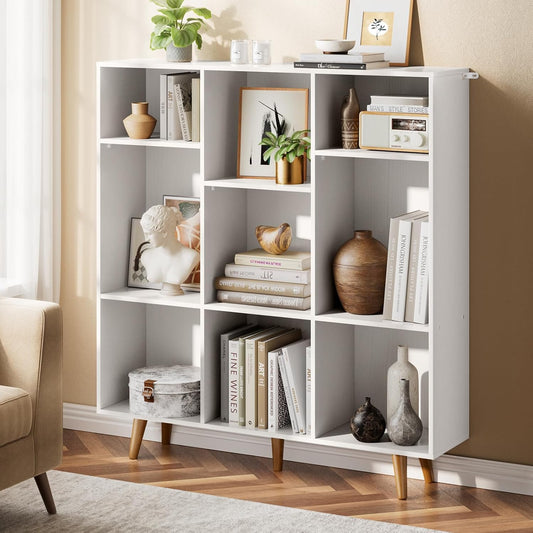 CHITOOMA Wood Bookcase with 3 Adjustable Shelves, 3-Tier 9-Cube Storage Organizer Bookshelf with Solid Legs for Home Office or Living Room, White