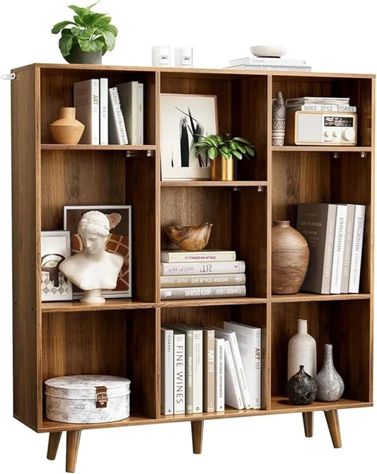 CHITOOMA Wood Bookcase with 3 Adjustable Shelves, 3-Tier 9-Cube Storage Organizer Bookshelf with Solid Legs for Home Office or Living Room, Brown