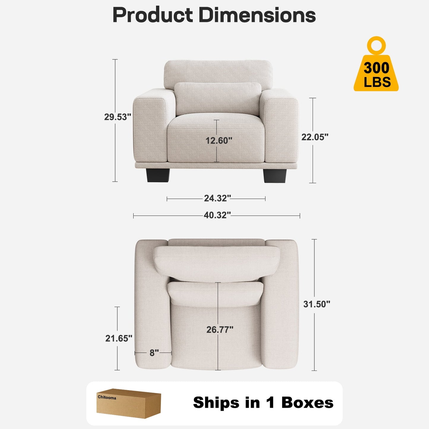 CHITOOMA 40" Oversized Accent Chair, Linen Upholstered Armchair with Washable Covers & Pillow, Wide Armrests, Deep Seat Sofa Chair for Living Room, Bedroom, or Office, White