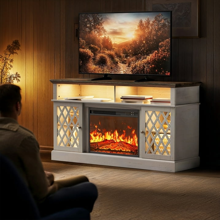 Farmhouse Fireplace TV Stand for 75 inch with LED Light, Adjustable Storage Shelves, Glass Doors, Media Entertainment Center with Fireplace for Living Room, Bedroom, White
