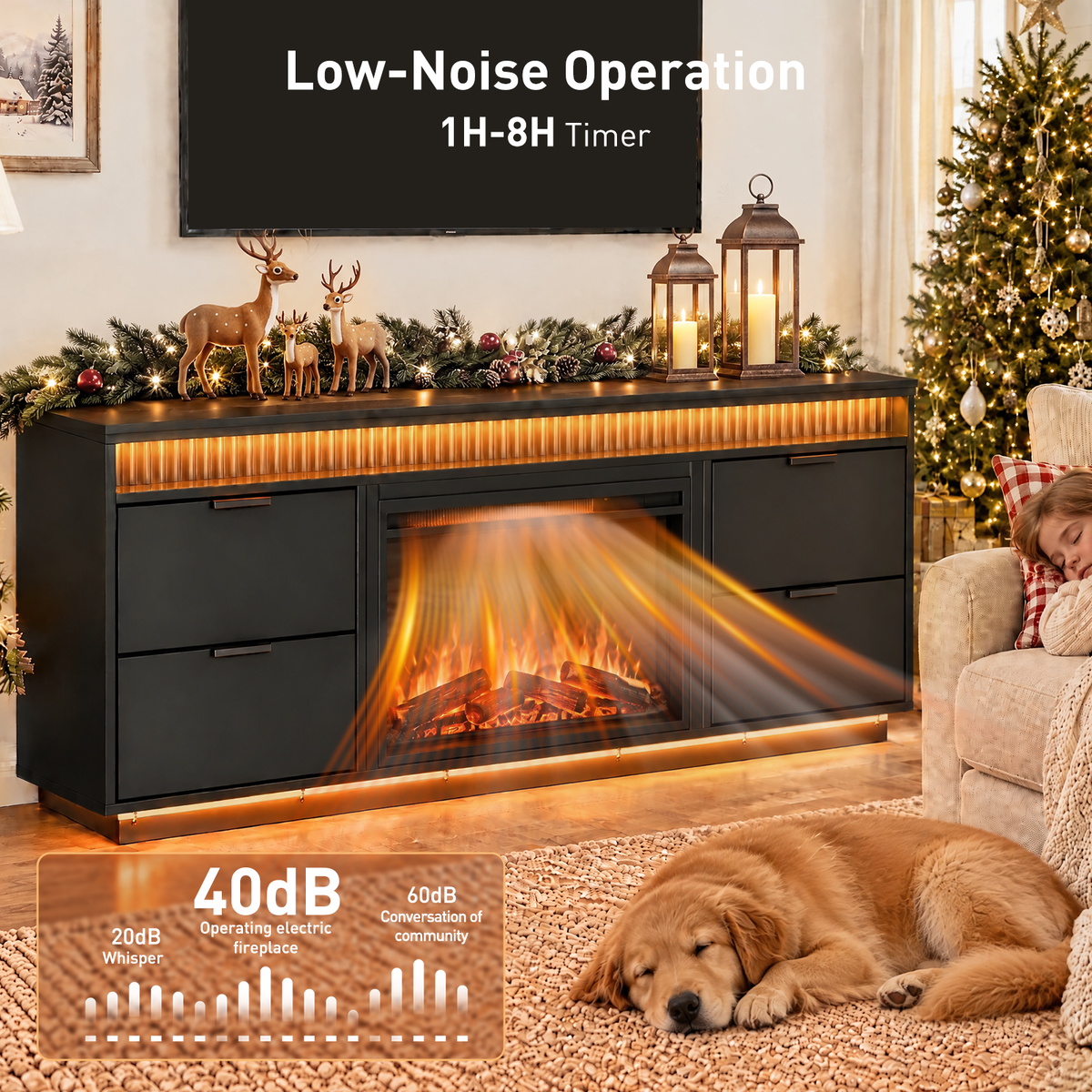 CHITOOMA Electric Fireplace TV Stand for up to 70" with 60000 RGB LED Light, Entertainment Center Console Table with 4 Large Drawers, Black