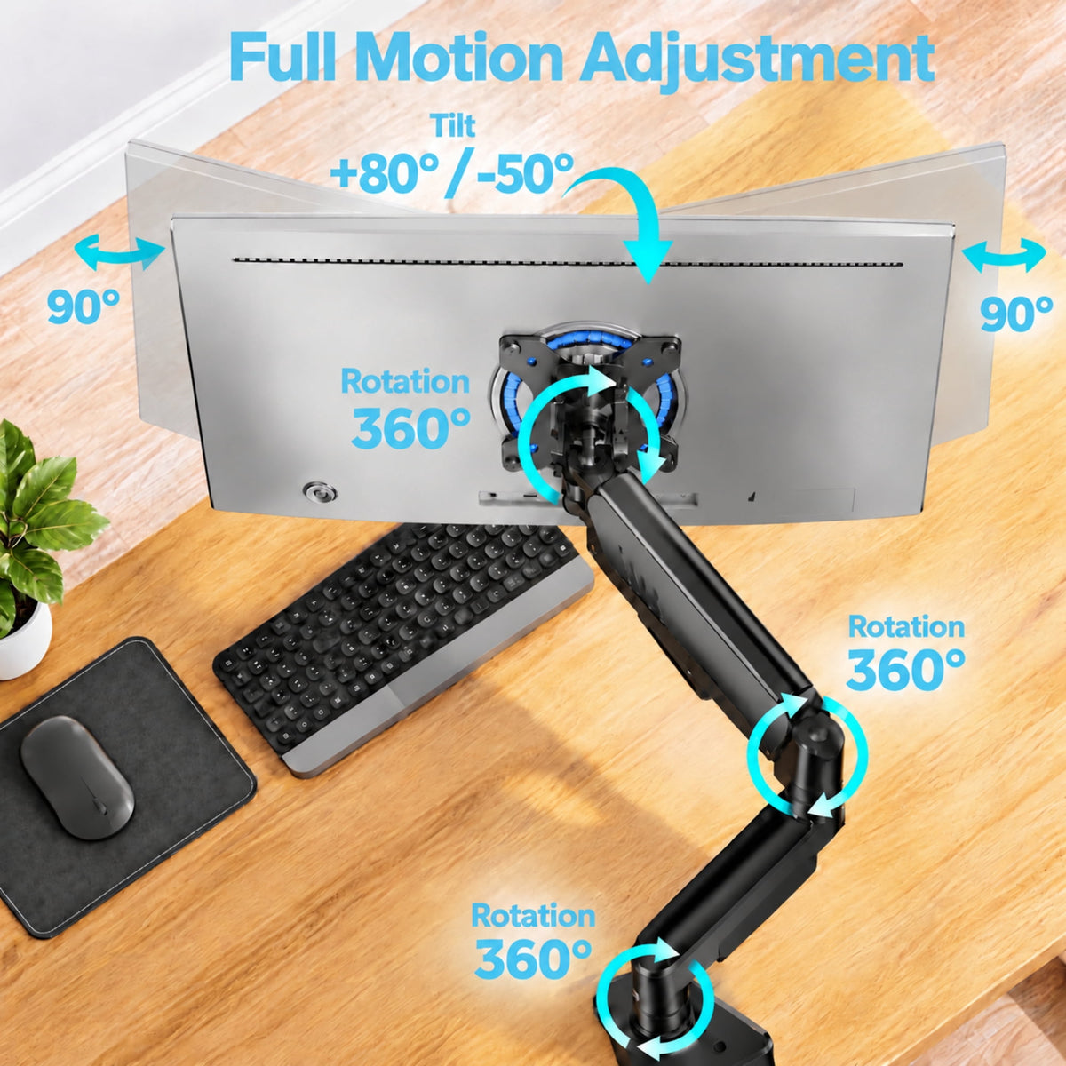 Kyspho Single Monitor Arm for 13" to 34 " Screens, Holds 19.8 lbs, Max 100x100mm, Monitor Stand with C-Clamp Tool-Free Mount, Cable Management, Adjustability for Swivel,Tilt and Rotation