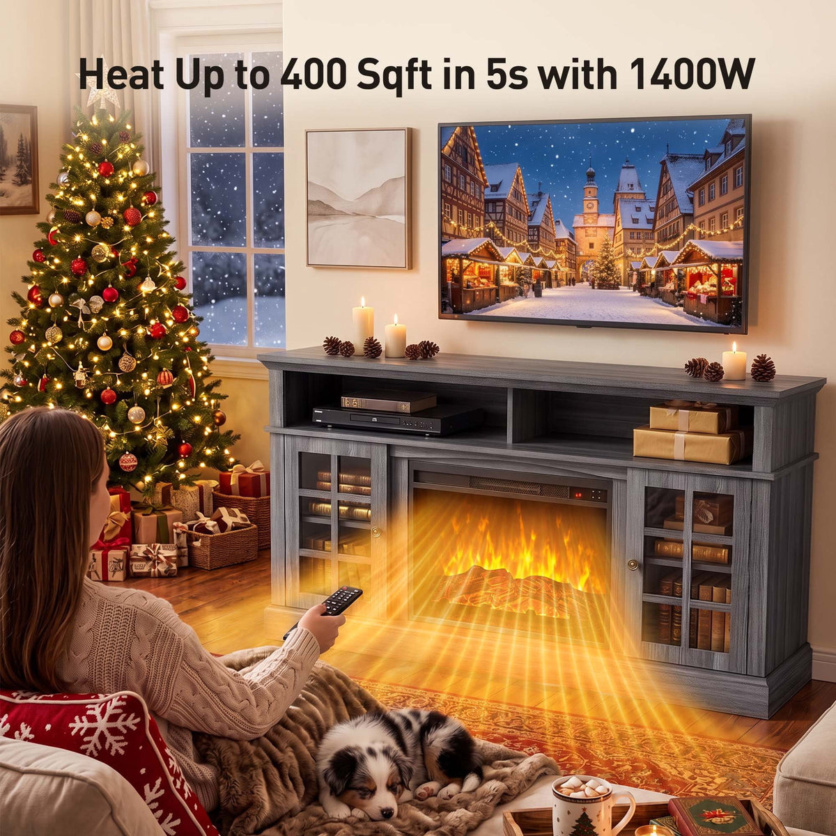 Electric Fireplace TV Stand for 75″ TVs Fireplace Entertainment Center TV Console Table with 23″ Fireplace, Holds up to 200 lbs