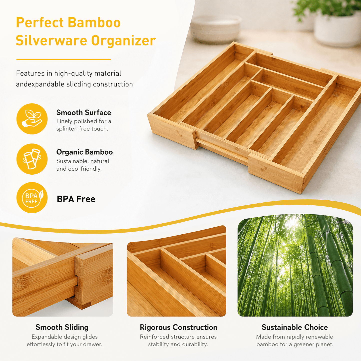 CHITOOMA Wood Bamboo Kitchen Drawer Organizer,Expandable Silverware Holder,Adjustable Kitchen Utensil Tray,for Forks, Spoons and Knives,8 Slots,Large