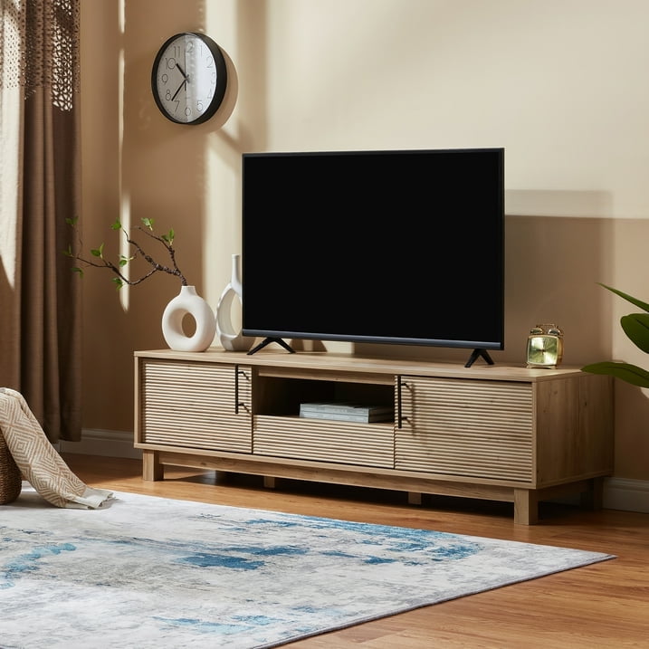 Mid-Century Modern TV Stand for 70" TVs, Wood TV Console with Reeded 2-Door for Living Room, Nature