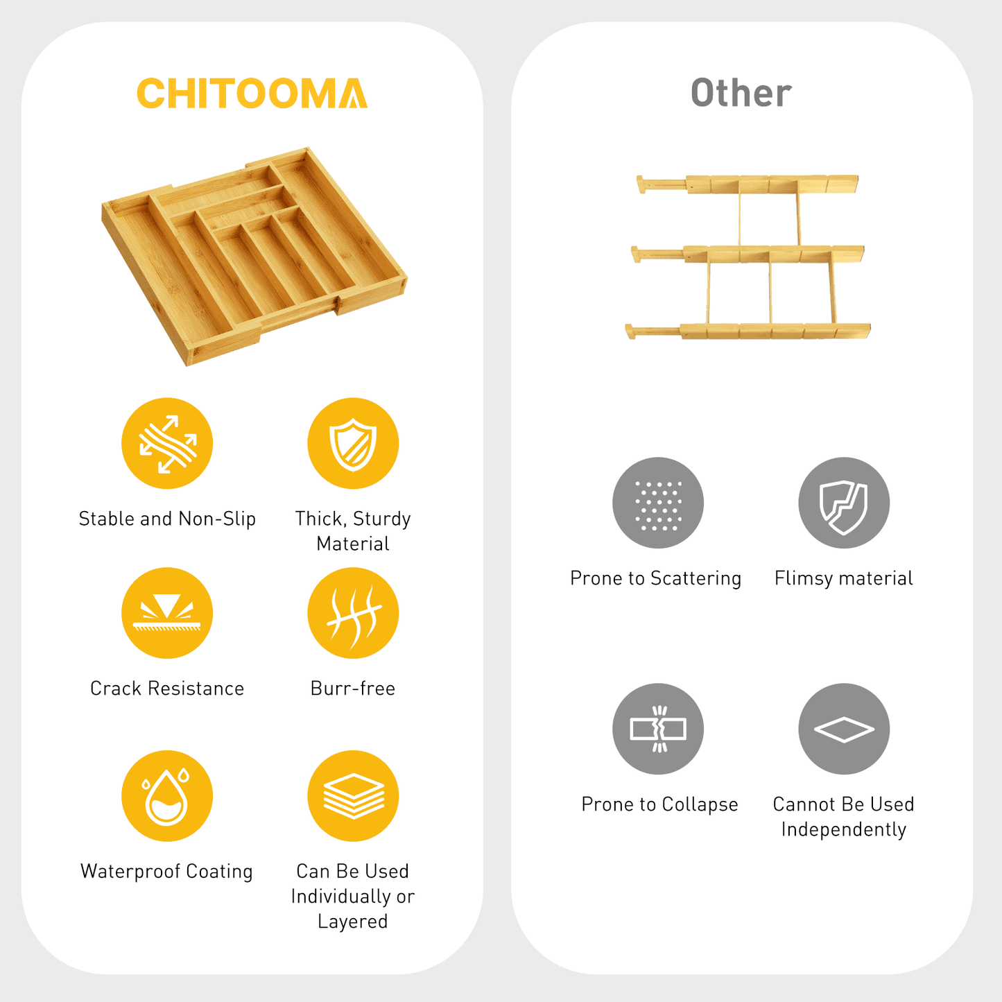 CHITOOMA Wood Bamboo Kitchen Drawer Organizer,Expandable Silverware Holder,Adjustable Kitchen Utensil Tray,for Forks, Spoons and Knives,8 Slots,Large