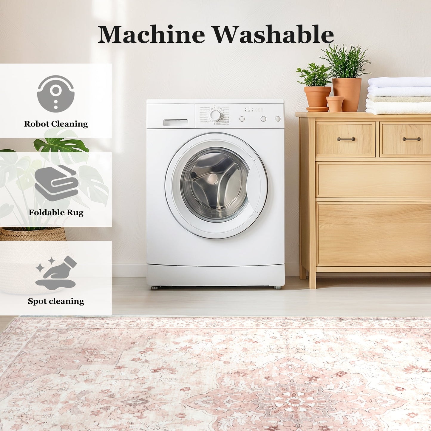 CHITOOMA 5'x7' Machine-washable Area Rugs for Living Room, Boho Floral Area Rugs with Non-Slip Backing, Stain Resistant Non-Shed Carpet for Bedroom, Dining Room, Dorm, Office