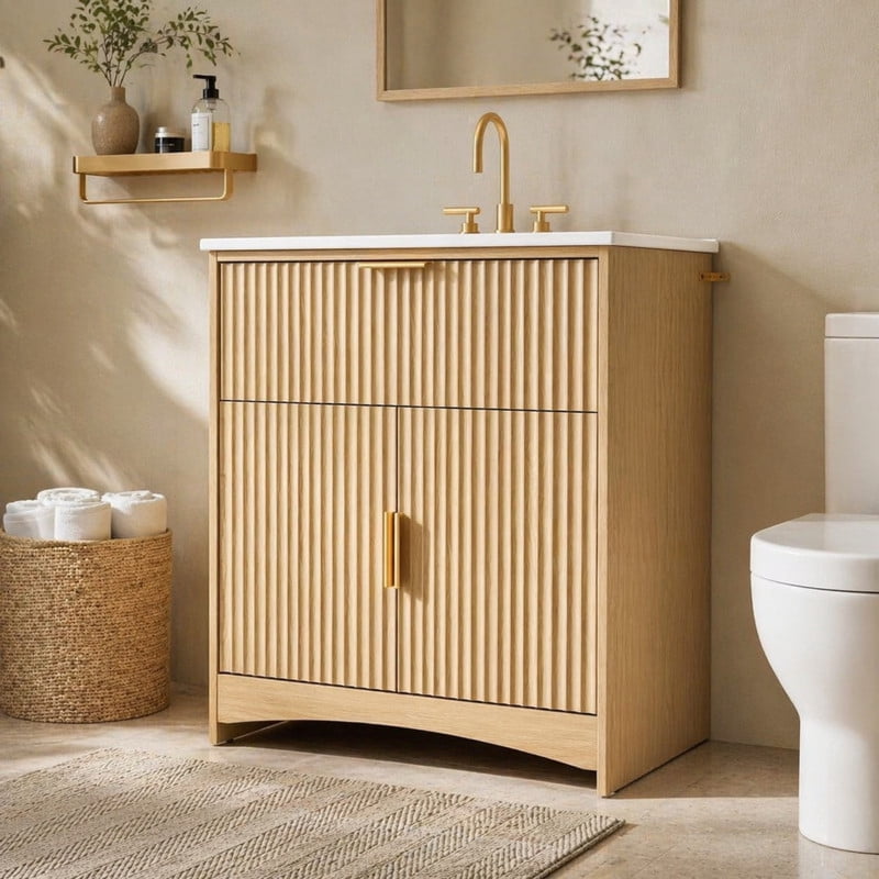 30 Inch Bathroom Vanity with Ceramic Sink, Freestanding Bathroom Sink Cabinet with Fluted Doors, 2 Doors and 1 Drawer, Adjustable Shelf, Modern Bathroom Storage Combo, Natural Oak