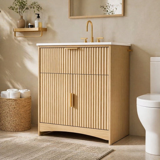 30 Inch Bathroom Vanity with Ceramic Sink, Freestanding Bathroom Sink Cabinet with Fluted Doors, 2 Doors and 1 Drawer, Adjustable Shelf, Modern Bathroom Storage Combo, Natural Oak