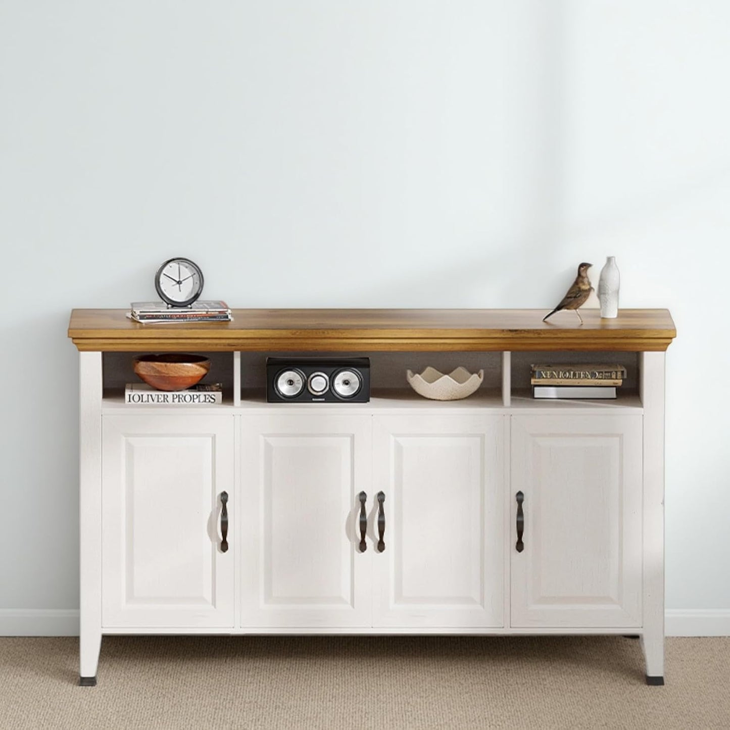 CHITOOMA 55" Sideboard Buffet Cabinet with Adjustable Shelves & 4 Doors, Modern Farmhouse Coffee Bar Cabinet for Kitchen Dinning Room, White & Brown