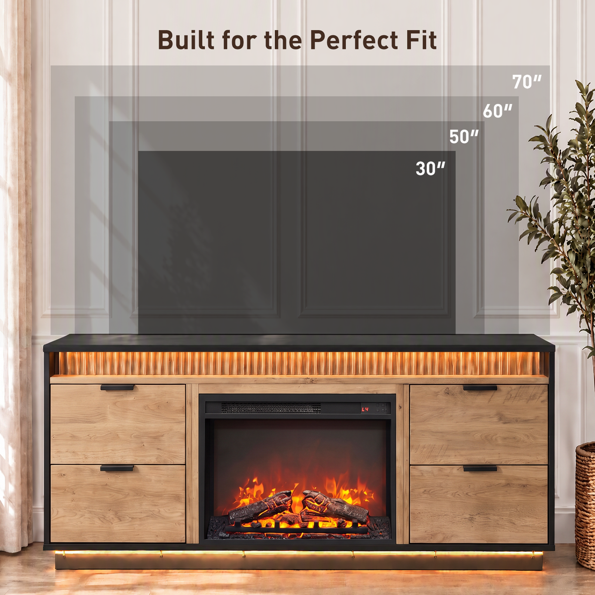 CHITOOMA Electric Fireplace TV Stand for up to 70" with 60000 RGB LED Light, Entertainment Center Console Table with 4 Large Drawers, Brown