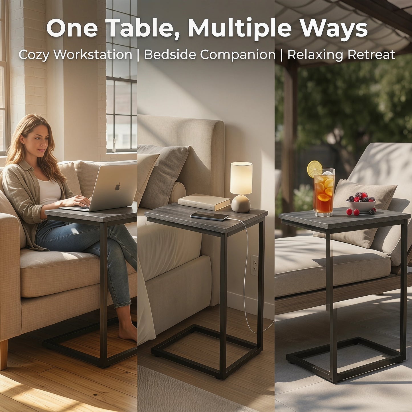C Shape End Table, Sofa Table TV Tray Table for couch ,Side Table for Living Room,Bedroom ,Metal Frame c table(Gray)