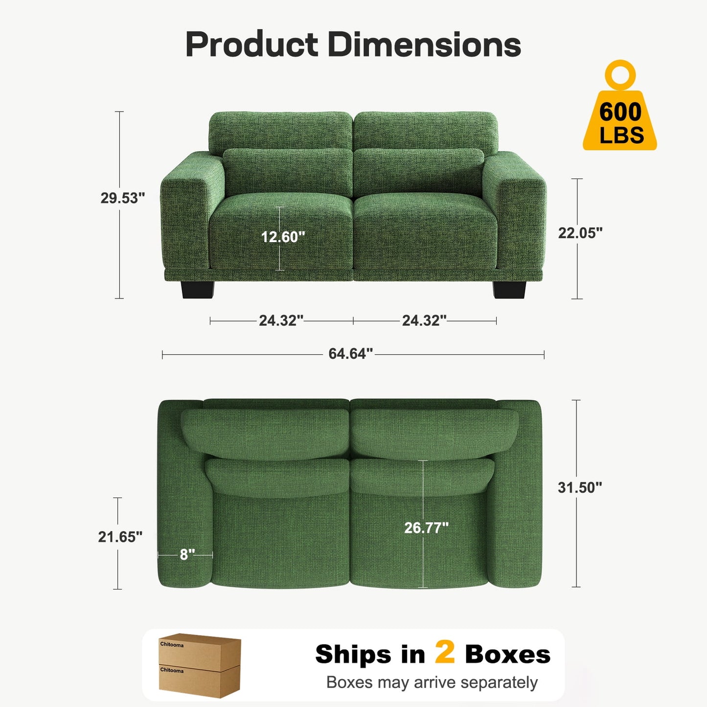 CHITOOMA 65" Loveseat Sofa for Living Room, Comfy Linen Couch with 2 Pillows, Deep Seats, Wide Armrests, Removable Covers & Sturdy Steel Frame, Green