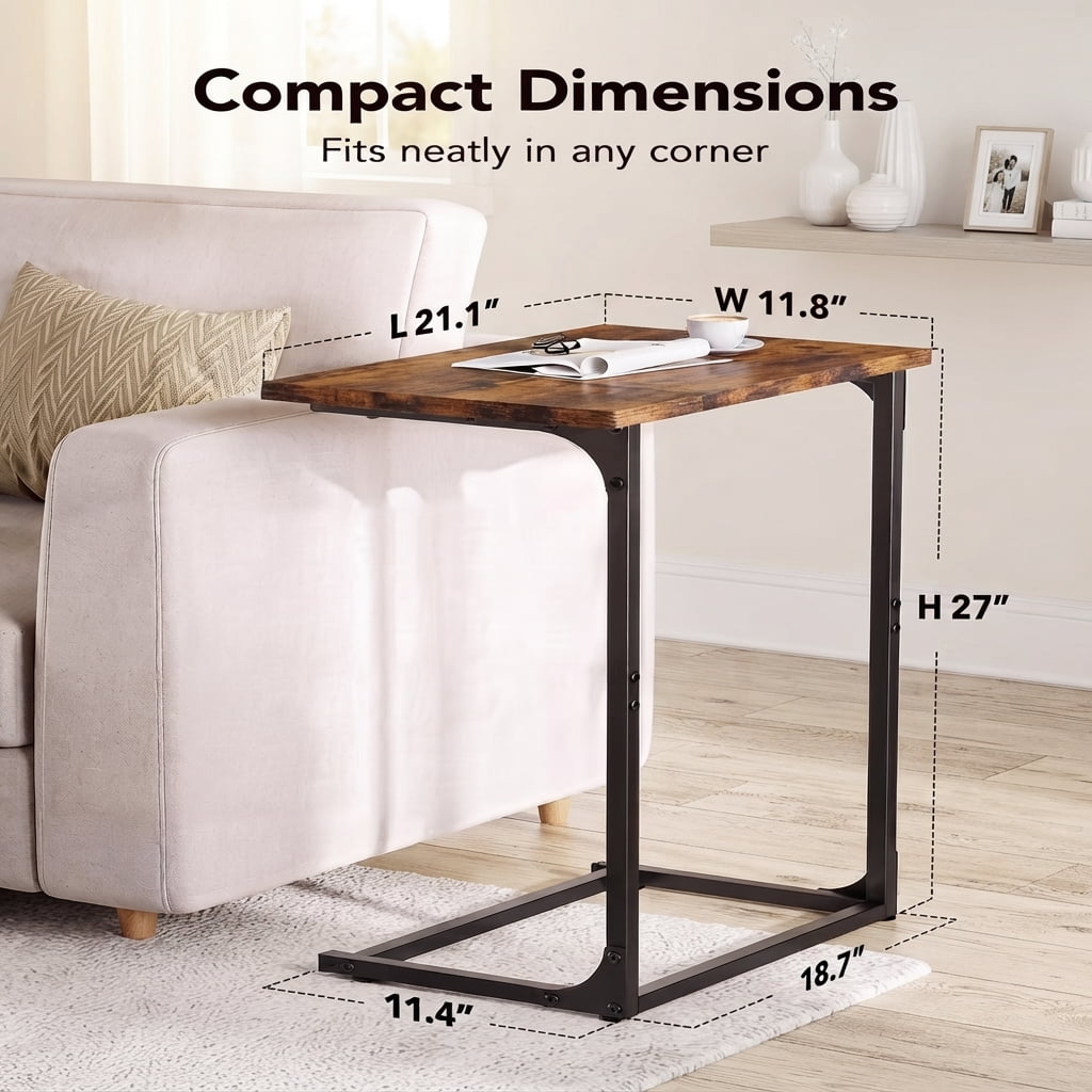C Shaped End Sofa Table, Widened Vintage End Table Side Table for Living Room, Bedroom, 27"(H) x 21.1"(W) x 11.4"(D), Brown