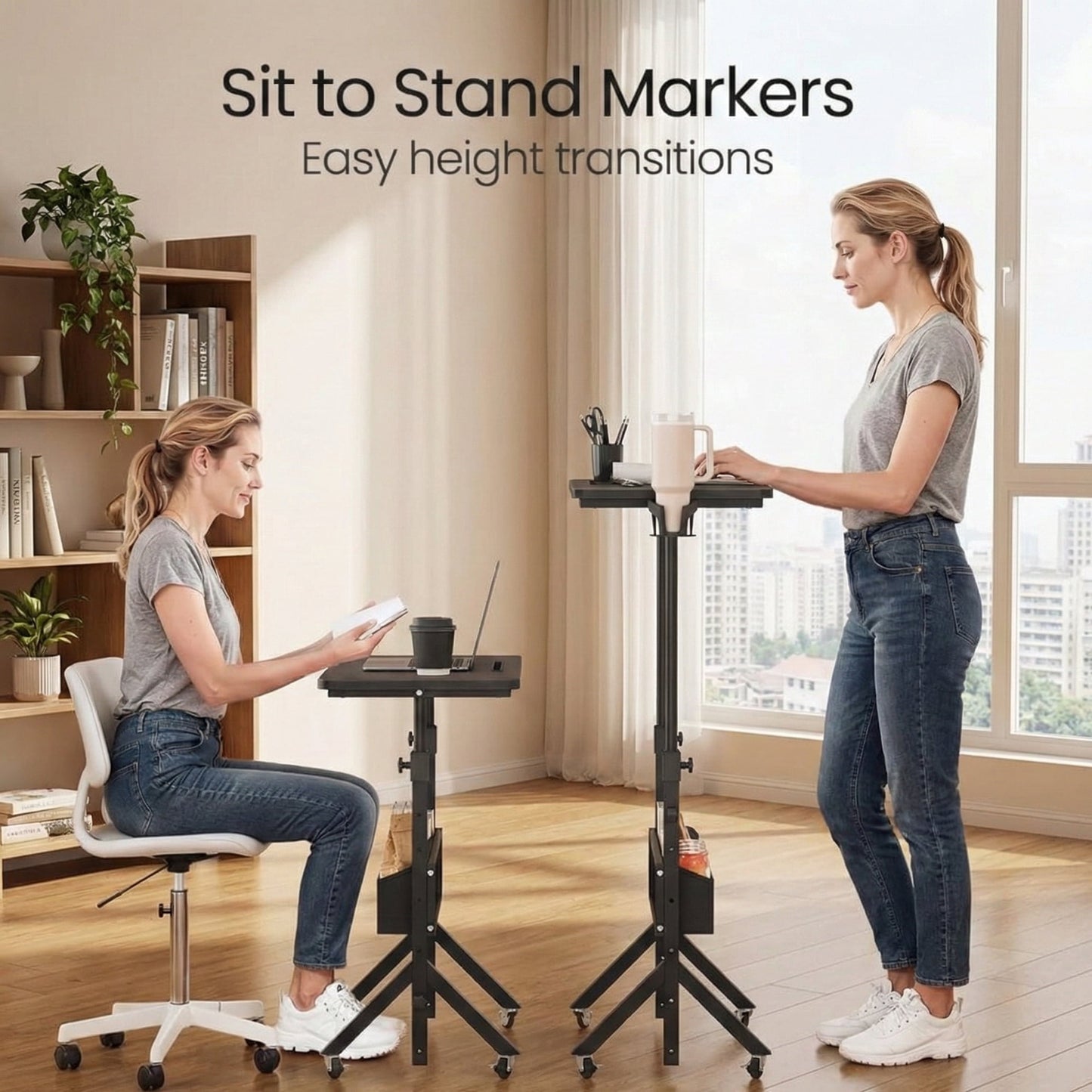 CHITOOMA Mobile Standing Desk with Wheels & Storage, Adjustable Height Rolling Laptop Cart with Cup Holder, Fits Treadmills, Black, 31.5" x 15.75"