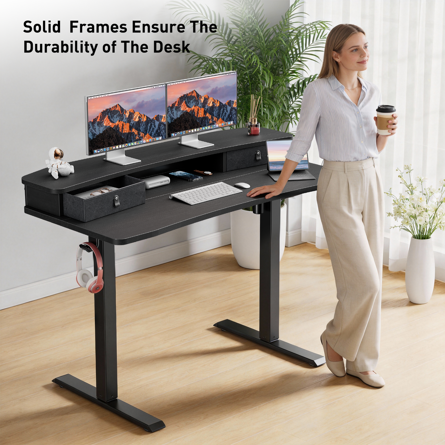 CHITOOMA Electric Standing Desk with Drawers, 48″ x 24″ Large Adjustable Height Computer Desk for Home Office, C-Clamp Compatible with 4 Presets, Black
