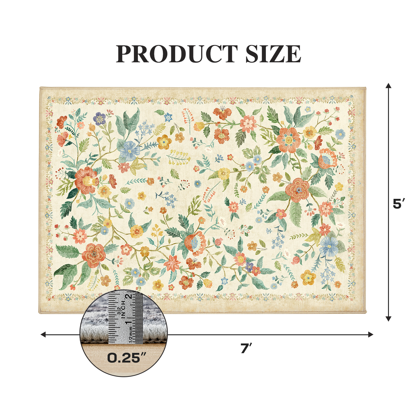 CHITOOMA 5'x7' Boho Area Rugs for Living Room, Machine Washable Stain Resistant Non-Shed Carpet, Floral Area Rug with Non-Slip Backing for Bedroom, Dining Room, Dorm, Office