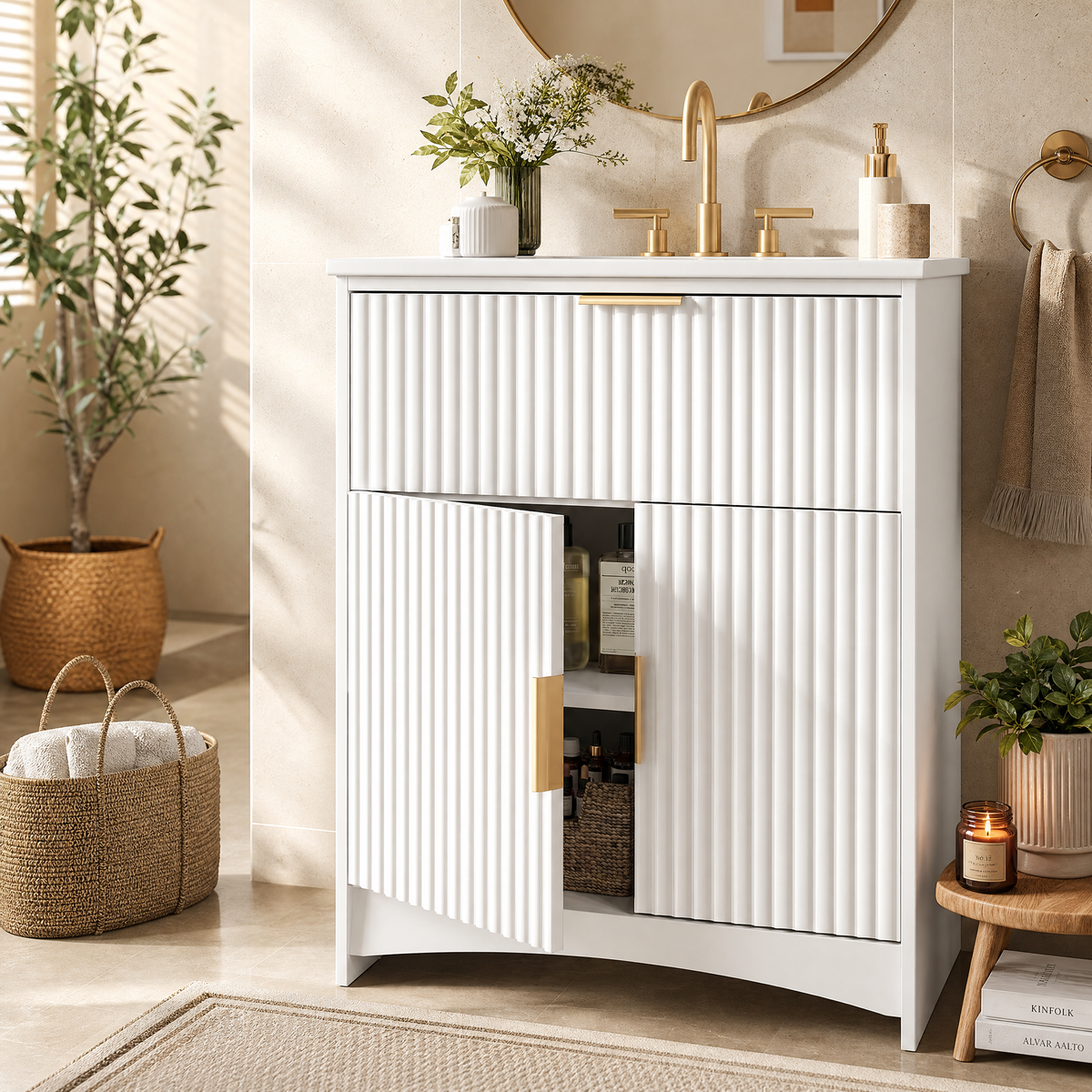 30 Inch Bathroom Vanity with Ceramic Sink, Freestanding Bathroom Cabinet with U-Shaped Drawer and Adjustable Shelf, Modern Fluted Vanity Set, White