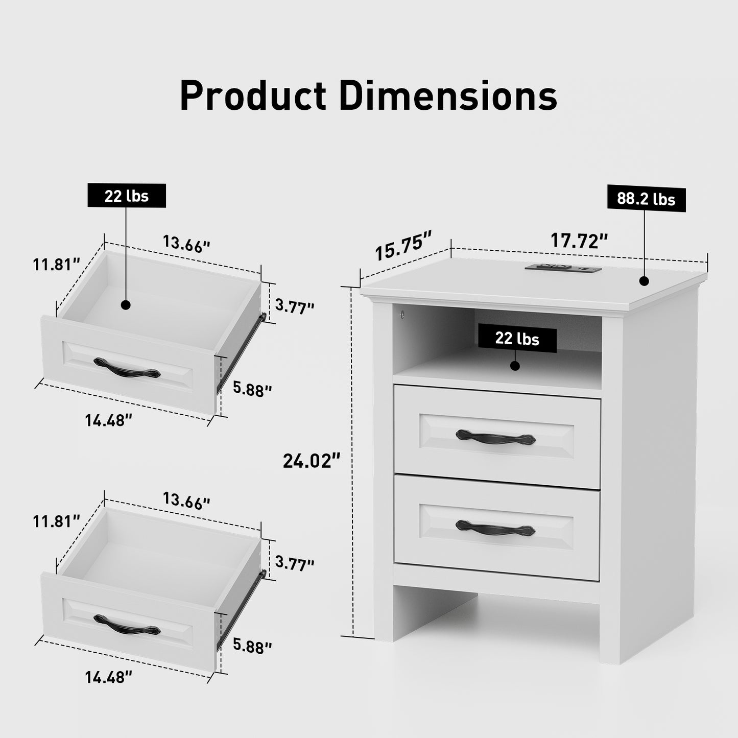 CHITOOMA 2-Drawer Nightstand with Charging Station, Wood Bedside Table with Open Shelf, Small End Table for Bedroom Living Room, White