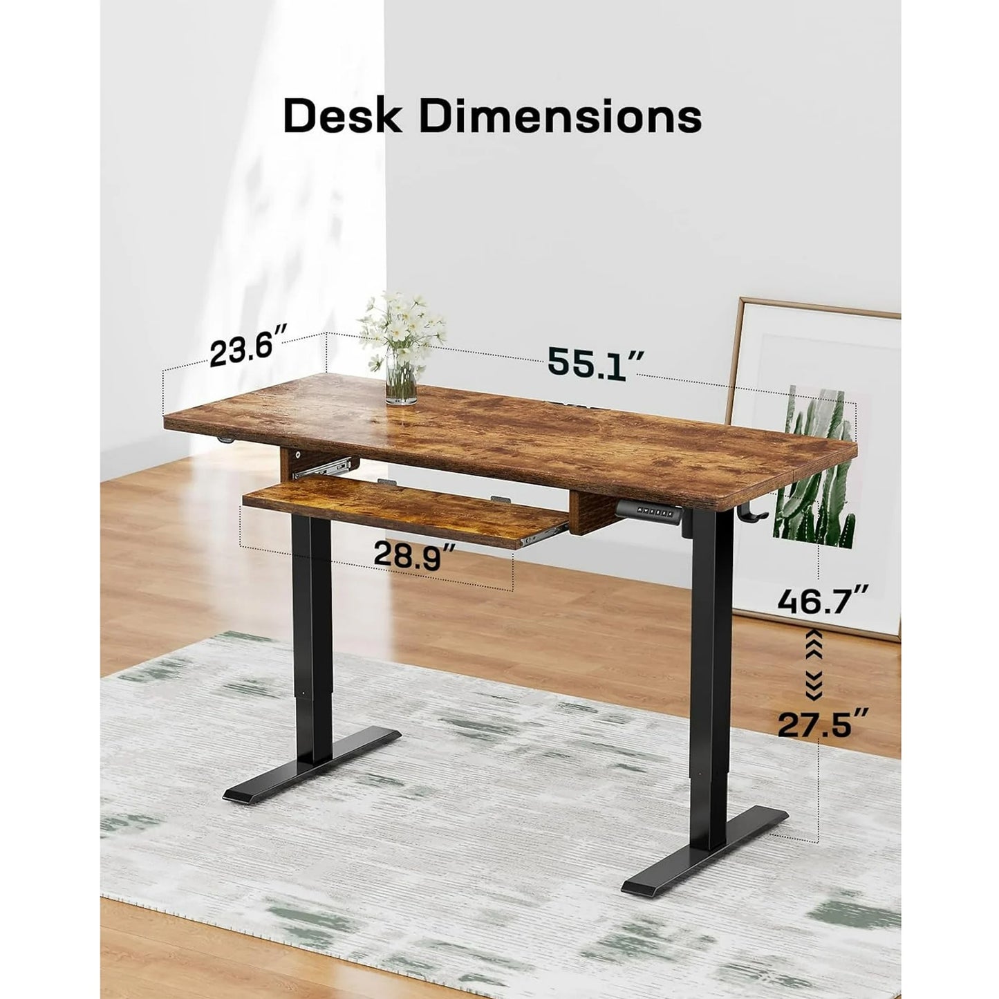55" x 24" Electric Standing Desk with Keyboard Tray, Height Adjustable Sit Stand up Desk with Headphone Hook & 4 Height Memory Pre-Set for Home Office, Rustic Brown