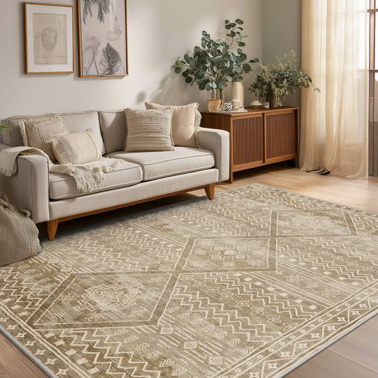 CHITOOMA 5'x7' Area Rugs for Living Room, Washable Boho Moroccan Rug Soft Vintage Distressed Geometric Tribal Area Rug for Bedroom Dining Room Office with Non-Slip Backing, Stain Resistant Non-Shed
