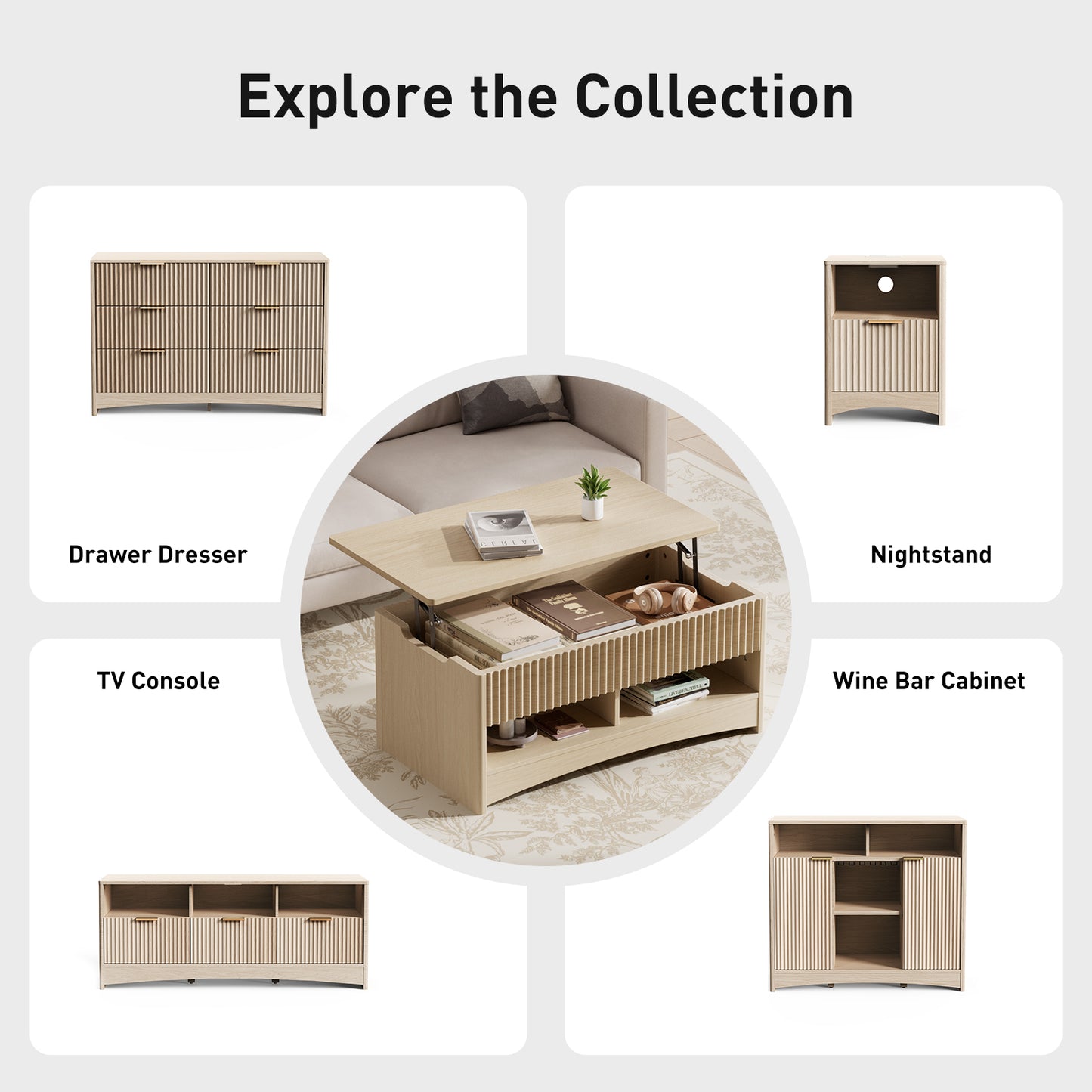 CHITOOMA Modern Lift-Top Coffee Table with Hidden Storage & Open Shelves, Fluted Front Accent Table for Living Room, Natural