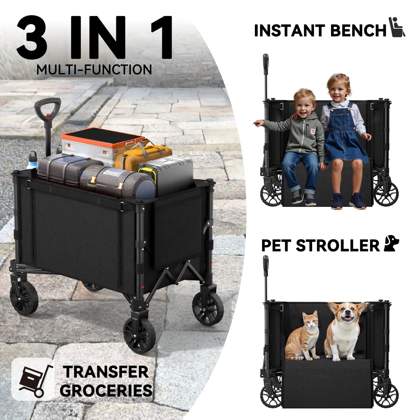 Foldable Wagon with Expandable Storage Space & Locking Front Wheels, Portable Collapsible Wagon Cart with 2 Cup Holder for Groceries, Camping, Shopping, Garden, Beach