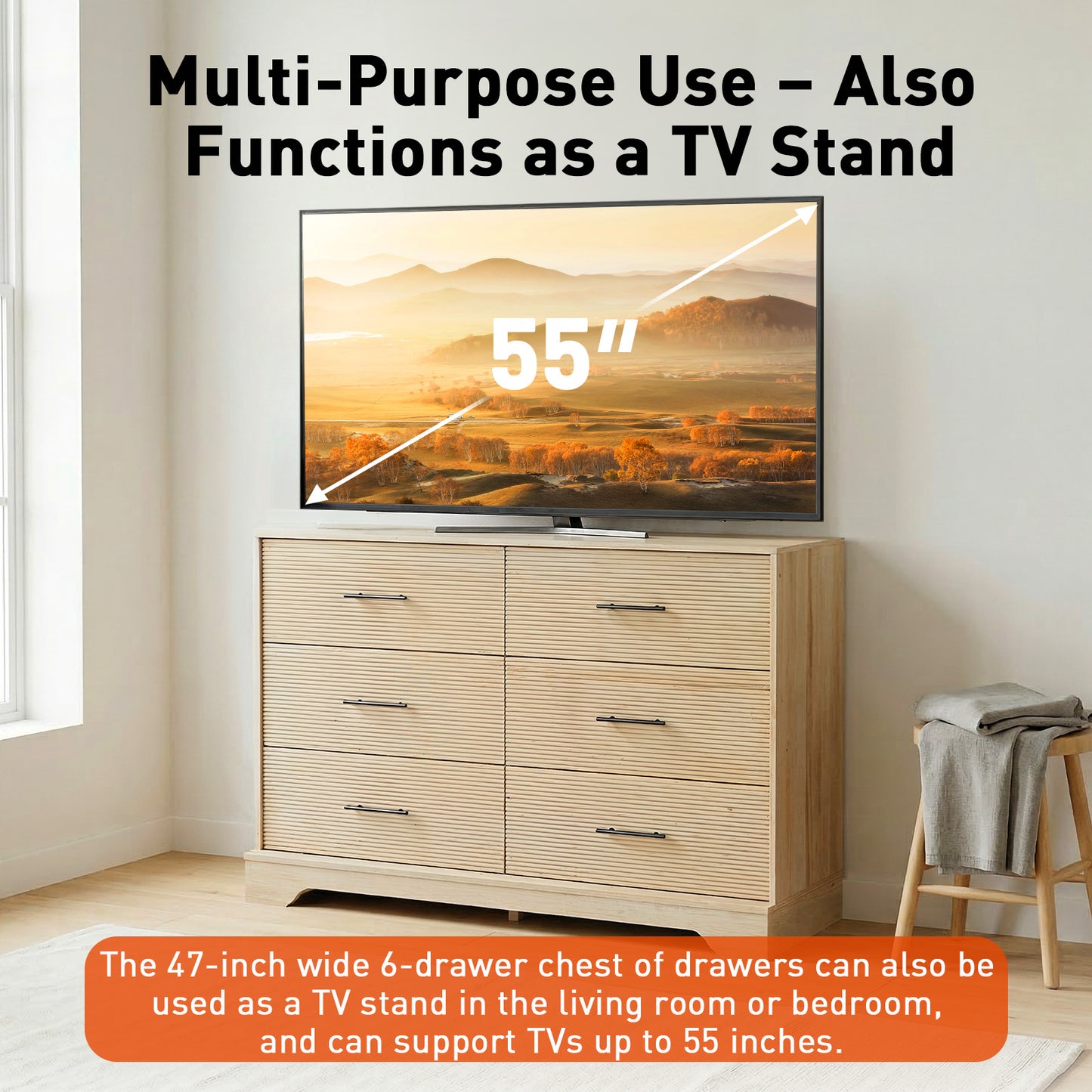 CHITOOMA 6 Drawer Fluted Dresser for Bedroom, Modern Wooden Long Dresser, Storage Cabine Chest of Drawers for Living Room Hallway, Natural