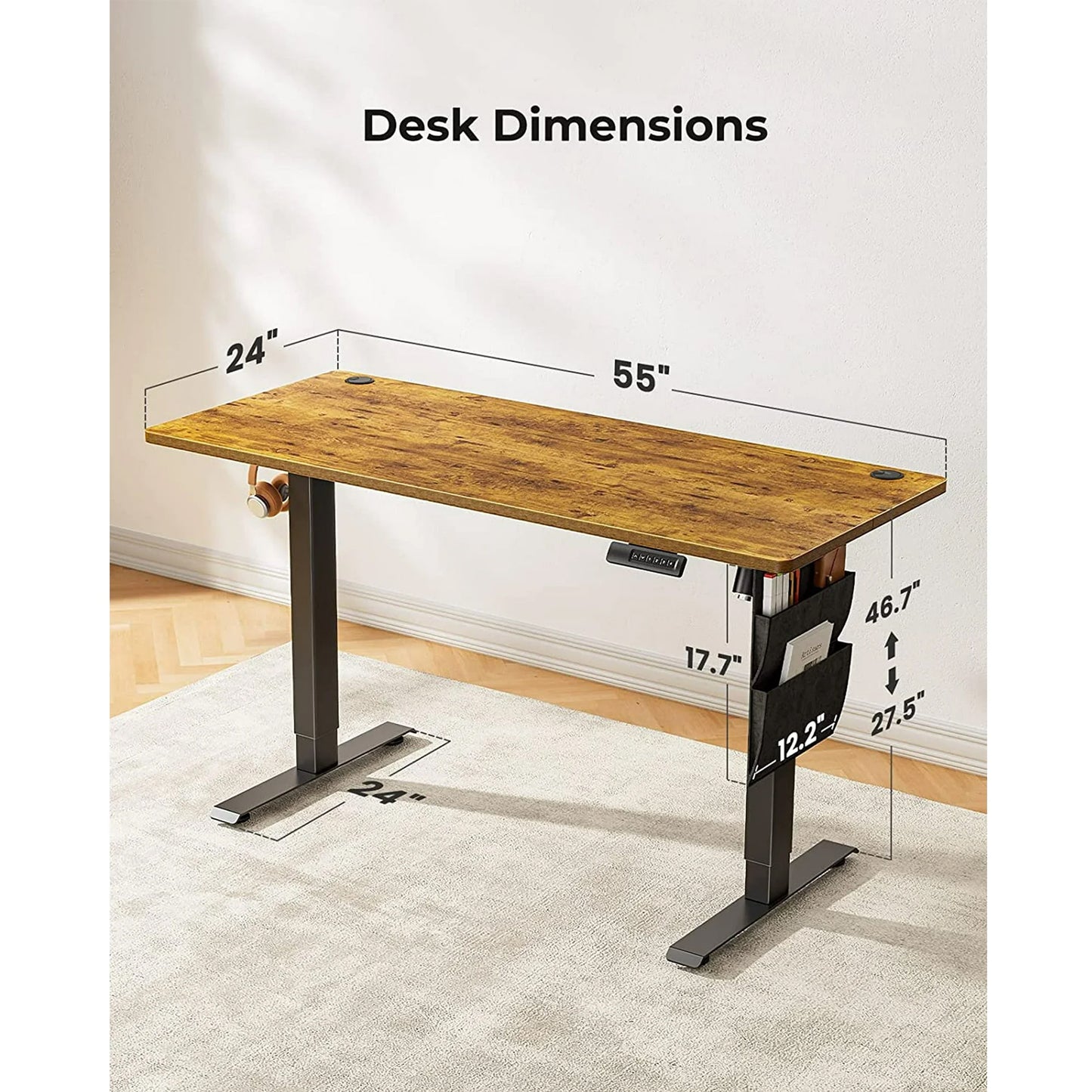 CHITOOMA 55" x 24" Electric Standing Desk with Storage Bag, Adjustable Height Sit to Stand Desk with 4 Memory Pre-Set, Headphone Hook for Home Office, Rustic Brown