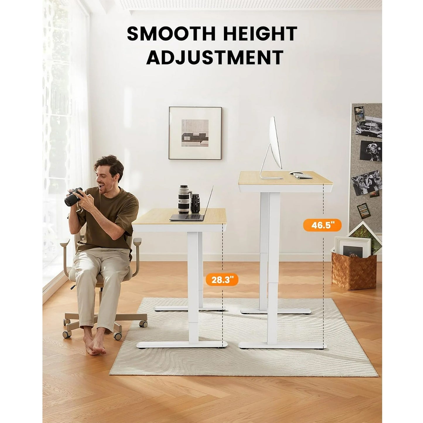 CHITOOMA One Piece Electric Standing Desk with Drawer, 48" x 24" Maple Wood-top Height Adjustable Office Desk with USB Charging Ports, Sit to Stand Desk for Home