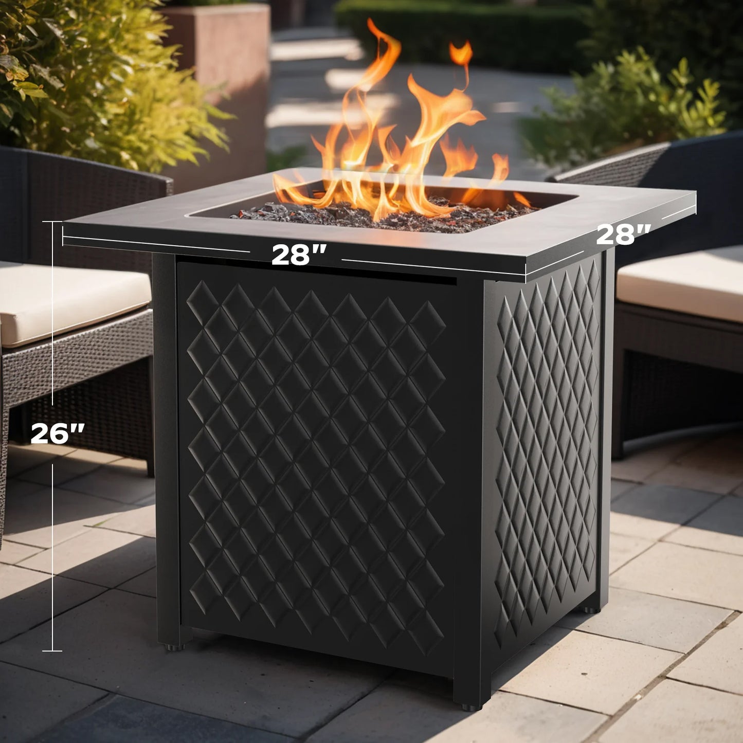 28" Outdoor Propane Fire Pit Table with Lid, 60,000 BTU Gas Fire Pit for Patio Garden Party