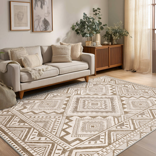 CHITOOMA 5'x7' Area Rugs for Living Room, Washable Boho Moroccan Rug Soft Vintage Distressed Geometric Tribal Area Rug for Bedroom Dining Room Office with Non-Slip Backing, Stain Resistant Non-Shed
