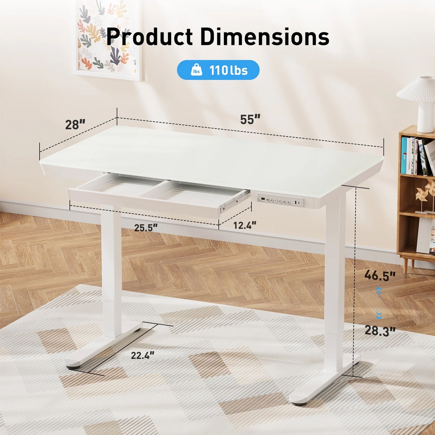 CHITOOMA Glass Top Electric Standing Desk with Drawer, 55'' x 28'' Electric Height Adjustable Desk with USB Charging Ports, Sit Stand up for Home Office