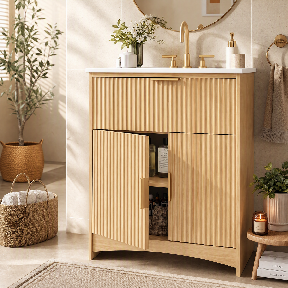 30 Inch Bathroom Vanity with Ceramic Sink, Freestanding Bathroom Cabinet with U-Shaped Drawer and Adjustable Shelf, Modern Fluted Vanity Set, Natural Oak